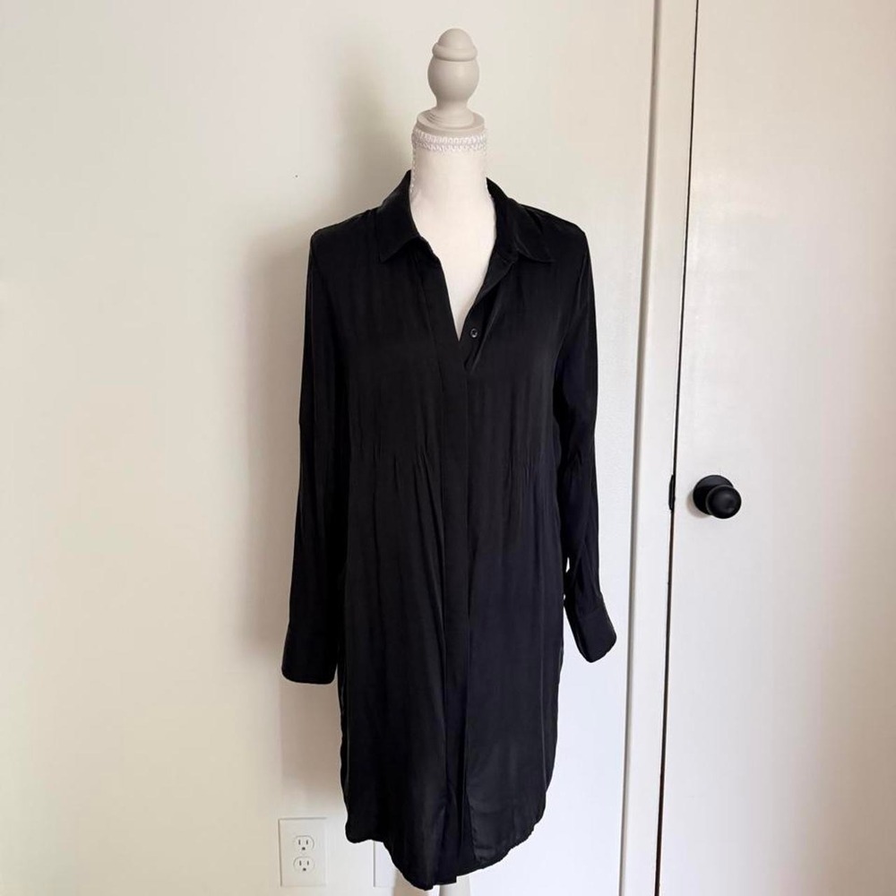 Quince workwear black silk dress with button up front